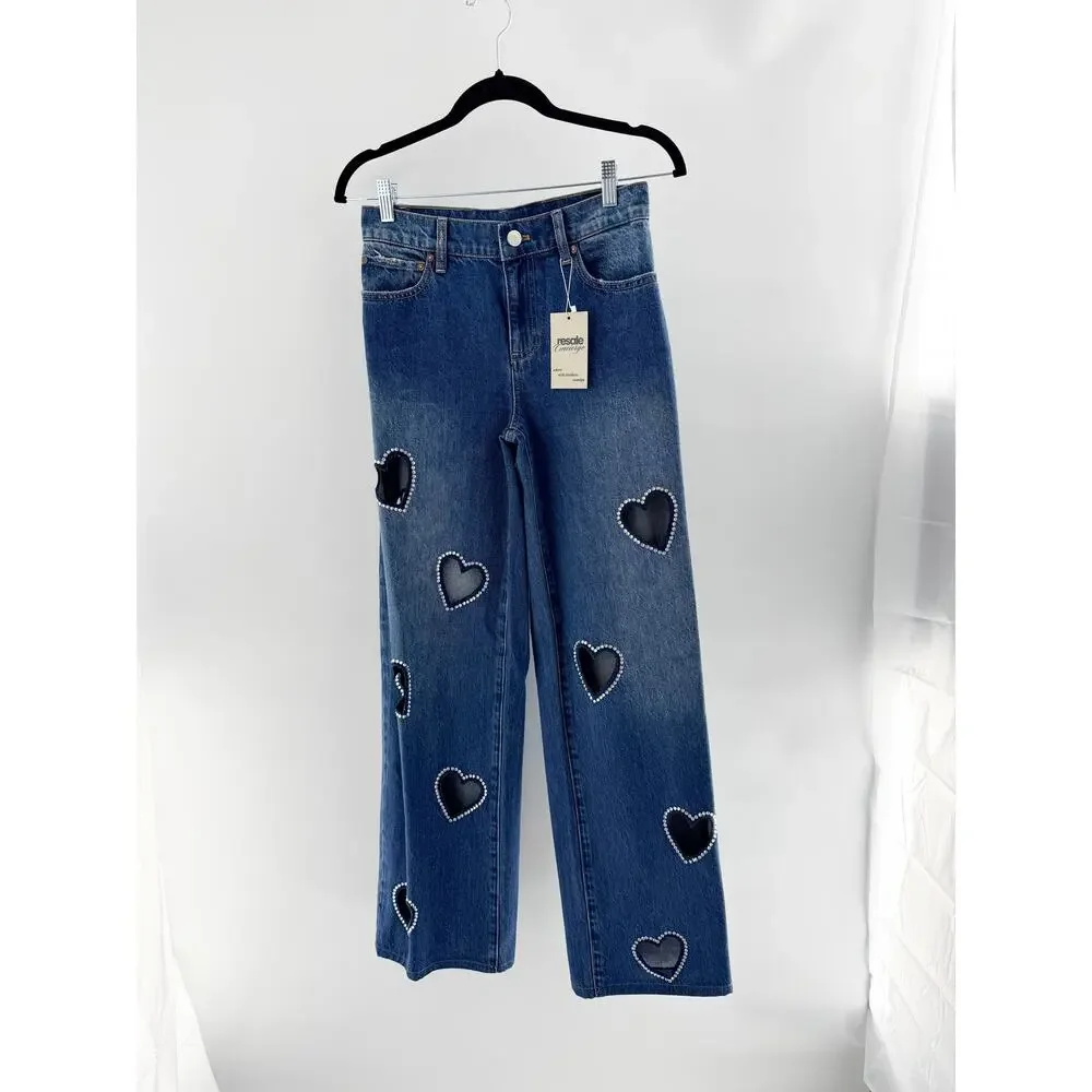 Alice + Olivia Karrie Embellished Rhinestone Heart Cutout Jean Blue Women's 27